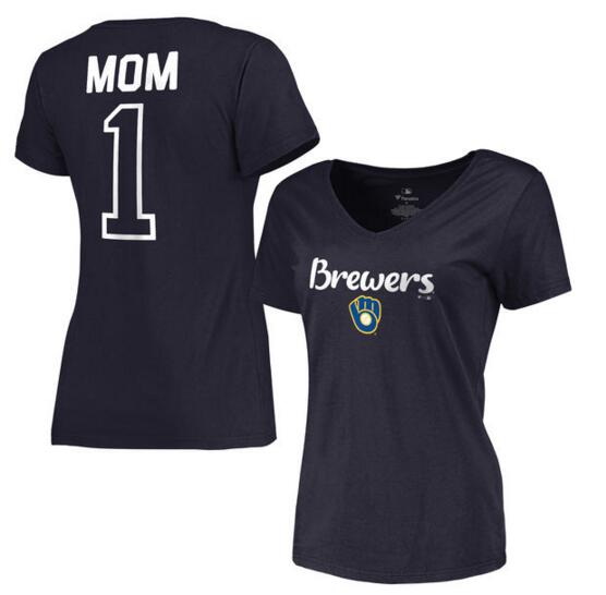 2020 MLB Milwaukee Brewers Women 2017 Mother Day #1 Mom VNeck TShirt  Navy->women mlb jersey->Women Jersey